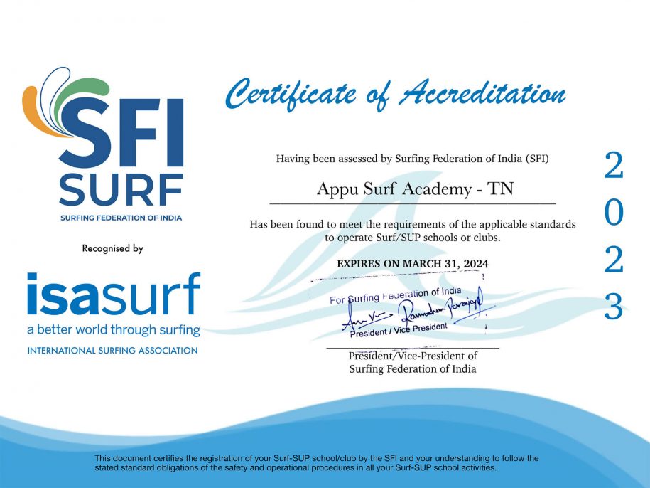 ISA Accreditation Certificate 2023 of Appu Surf Academy
