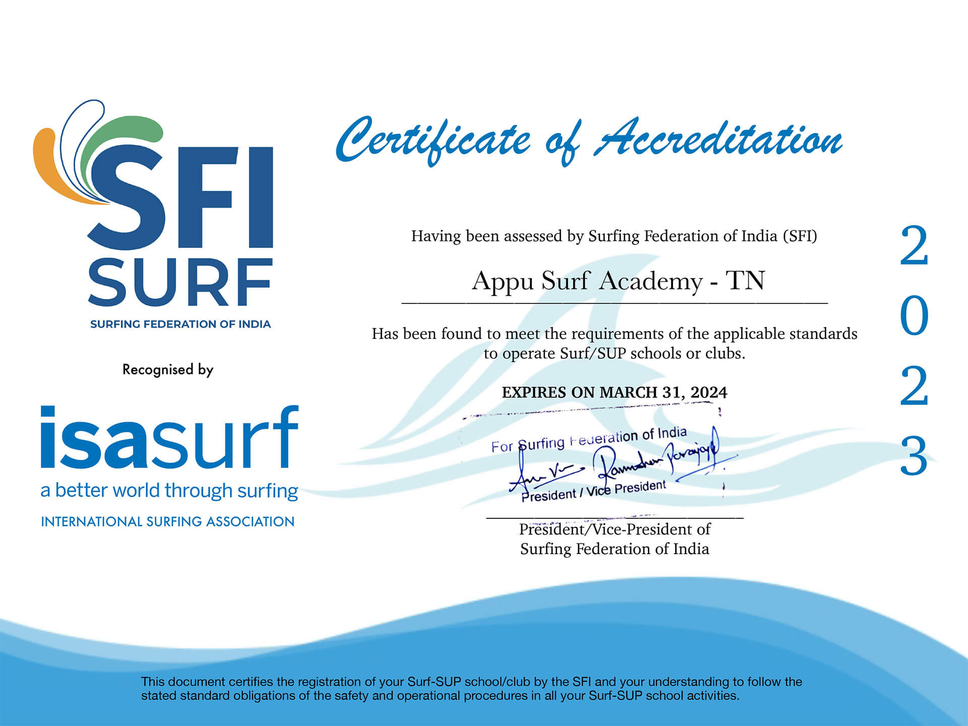 ISA Accreditation Certificate 2023 of Appu Surf Academy